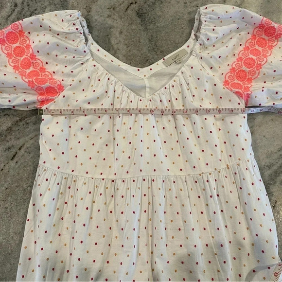 Loft Dot Embroidered Pink & White Puff Sleeve Mini Tiered Swing Dress Size Med - Picture 6 of 9